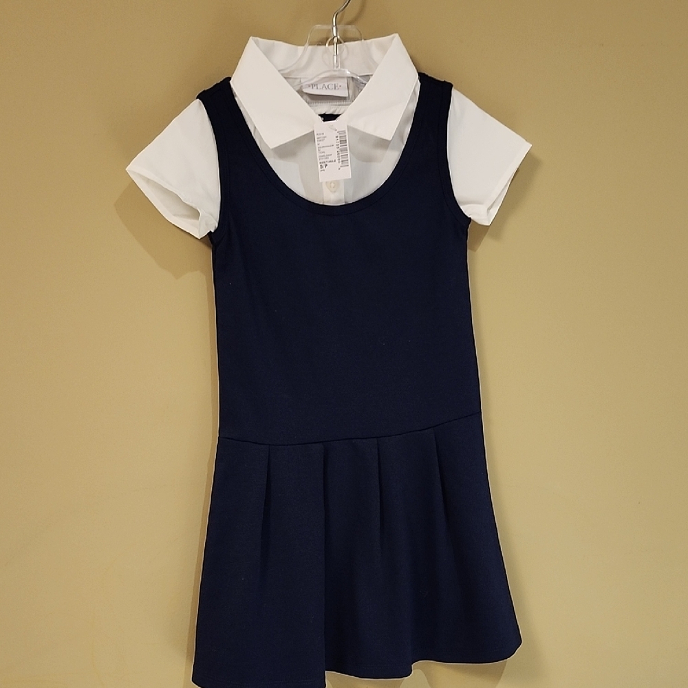 New Chidren's Place Uniform Navy Blue and White Kids Dress 5/6years